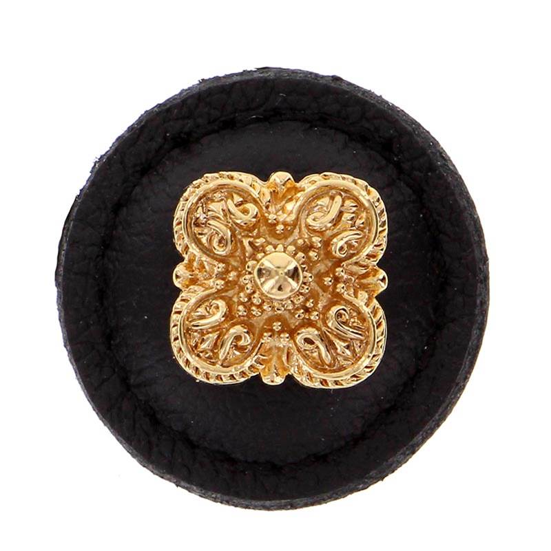 Vicenza Designs Napoli, Knob, Large, Round Leather, Black, Polished Gold