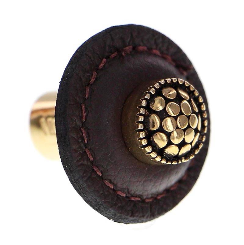 Vicenza Designs Tiziano, Knob, Large, Round Leather, Brown, Antique Gold