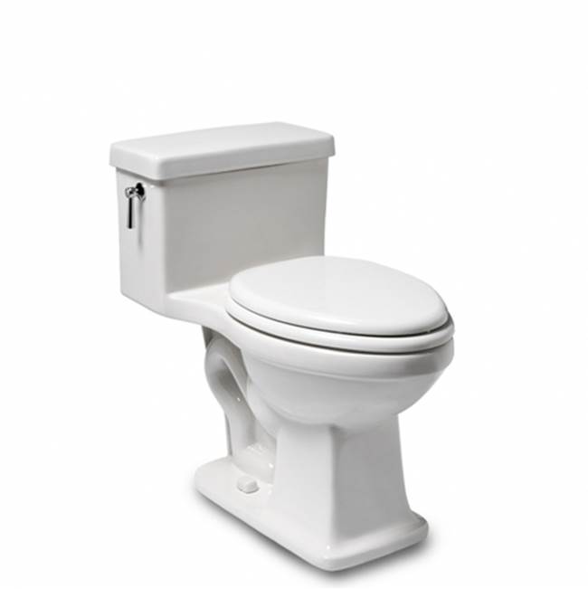 Waterworks DISCONTINUED Alden One Piece High Efficiency Elongated Watercloset in Warm White with Molded Wood Seat and Matte Nickel Flush Lever