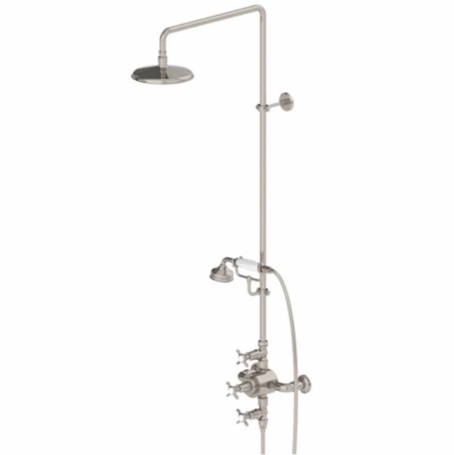 Waterworks Easton Classic Three Cross Handle Exposed Thermostatic System with 8'' Shower Rose and Handshower in Nickel, 2.5gpm
