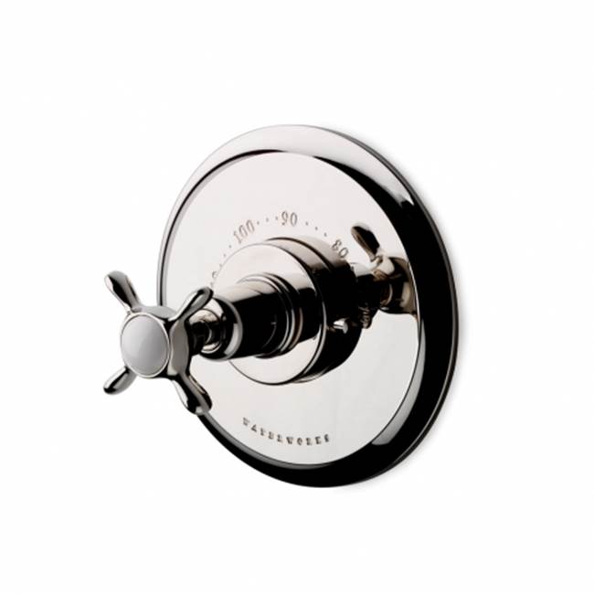 Waterworks Easton Classic Thermostatic Control Valve Trim with White Porcelain Blank Indice and Metal Cross Handle in Burnished Brass