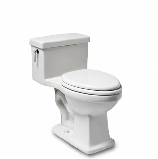 Waterworks DISCONTINUED Alden One Piece High Efficiency Elongated Watercloset in Warm White with Molded Wood Seat and Chrome Flush Lever