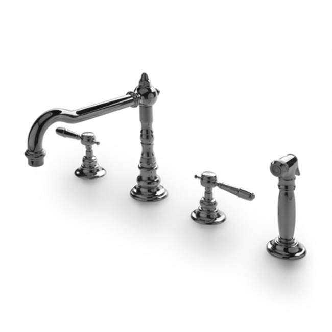 Waterworks Julia Three Hole High Profile Kitchen Faucet, Metal Lever Handles and Spray in Burnished Brass, 1.75gpm