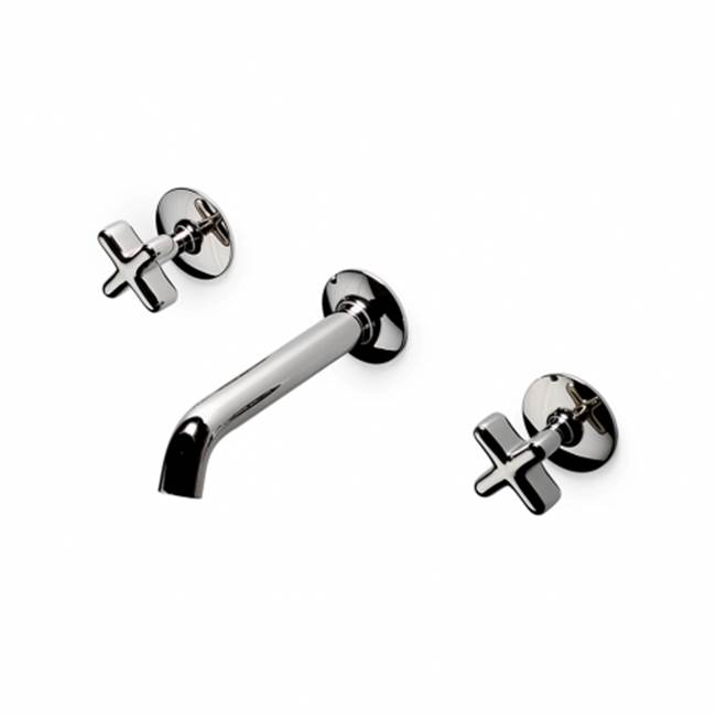 Waterworks .25 Low Profile Three Hole Wall Mounted Lavatory Faucet with Metal Cross Handles in Burnished Brass, 1.2gpm