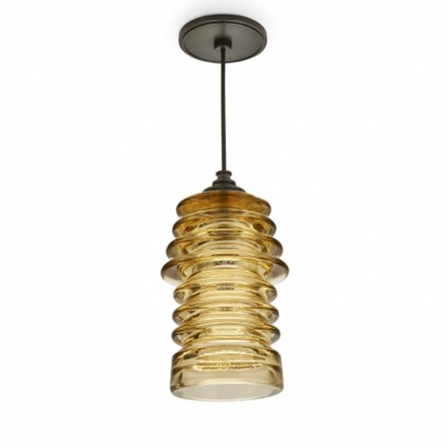 Waterworks Watt Ceiling Mounted Pendant in Old Bronze with Ribbed Glass Shade in Amber