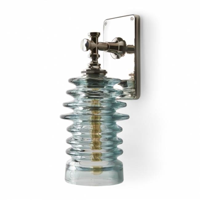 Waterworks DISCONTINUED USE 18-80121-78956 Watt Wall Mounted Single Arm Sconce in Nickel with Ribbed Glass Shade in Blue