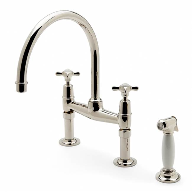 Waterworks Easton Classic Two Hole Bridge Kitchen Faucet, Metal Cross Handles and White Porcelain Spray in Burnished Nickel
