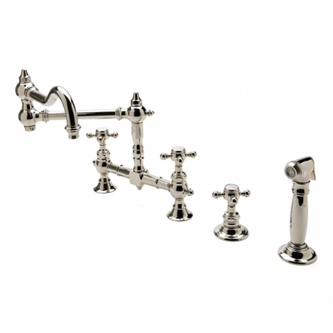 Waterworks Julia Two Hole Bridge Articulated Kitchen Faucet, Metal Cross Handles and Spray in Gold, 1.75gpm