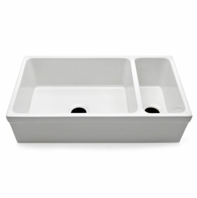 Waterworks Clayburn 35 1/2 x 19 3/4 x 10 Double Fireclay Farmhouse Apron Kitchen Sink with Center Drains in White