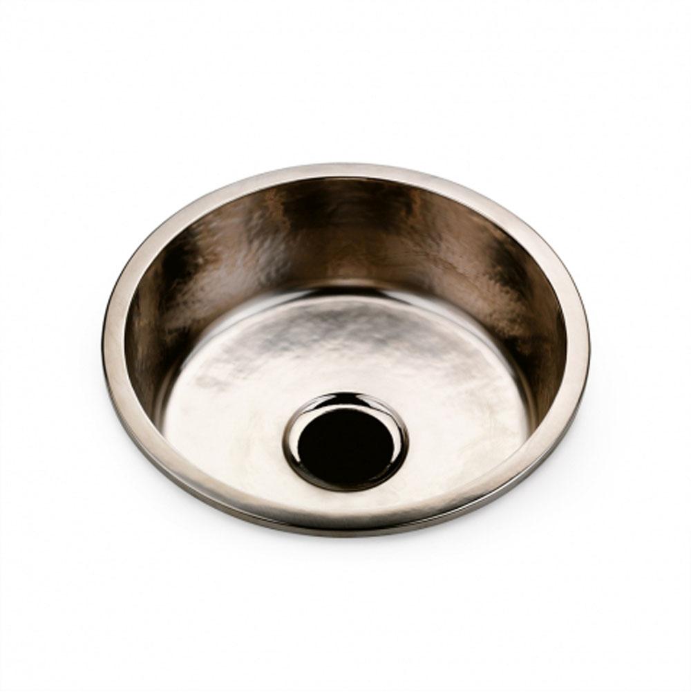 Waterworks Normandy 17 11/16 x 17 11/16 x 6 1/2 Hammered Copper Round Kitchen Sink with Center Drain in Antique Brass