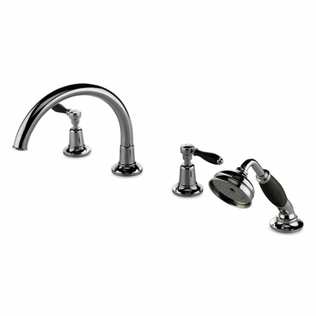 Waterworks Easton Classic Gooseneck Concealed Tub Filler with 2.5gpm Handshower and Black Porcelain Lever Handles in Gold