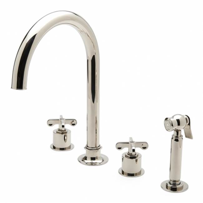 Waterworks Henry Three Hole Gooseneck Kitchen Faucet, Metal Cross Handles and Spray in Architectural Bronze, 1.75gpm