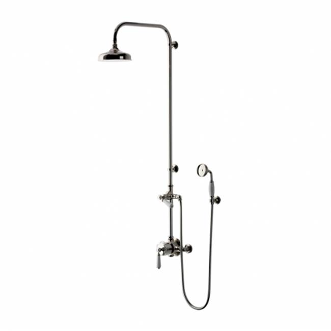 Waterworks Easton Classic Exposed Thermostatic System with 8'' Shower Rose with White Porcelain Lever Handle in Dark Brass, 2.5gpm