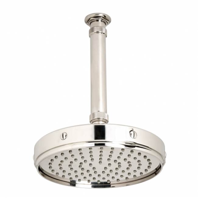Waterworks R.W. Atlas Ceiling Mounted 8 1/2 Shower Head, Arm and Flange in Unlacquered Brass, 2.5gpm