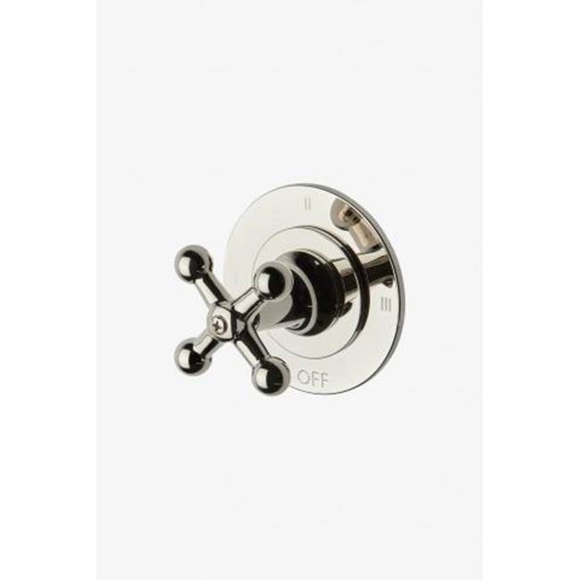 Waterworks Dash Three Way Thermostatic Diverter Valve Trim with Roman Numerals and Metal Cross Handle in Vintage Brass