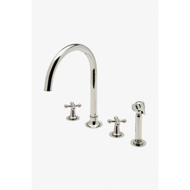 Waterworks Dash Three Hole Gooseneck Kitchen Faucet with Metal Cross Handles and Spray in Chrome, 1.75gpm