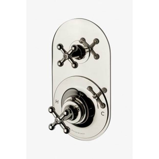 Waterworks DISCONTINUED Dash Metal Cross Handle Thermostatic with Metal Cross Handle Shutoff Trim in Sovereign