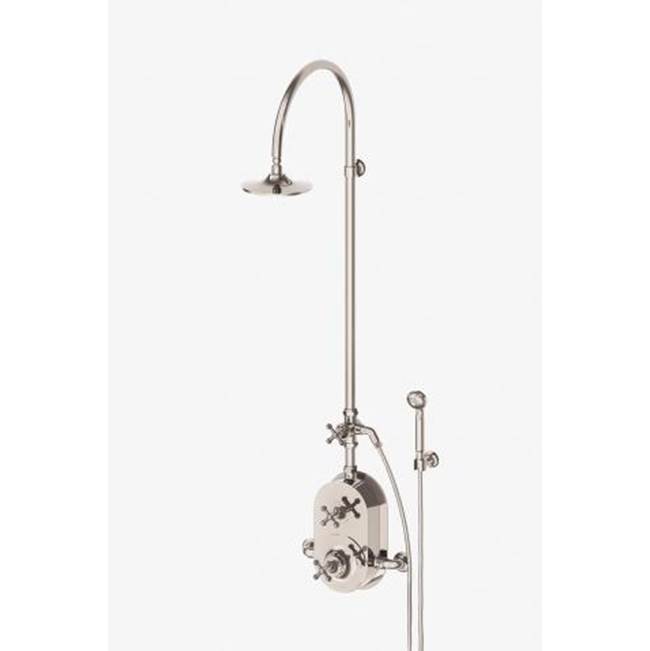 Waterworks Dash Exposed Thermostatic Shower System with 8'' Shower Head, Handshower, Metal Cross Diverter Handle and Metal Cross Handles in Matte Gold, 1.75gpm