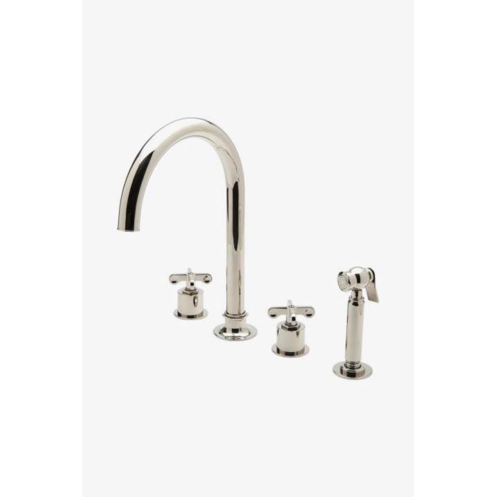 Waterworks COMMERCIAL ONLY Henry Three Hole Gooseneck Kitchen Faucet, Metal Cross Handles and Spray in Antique Brass