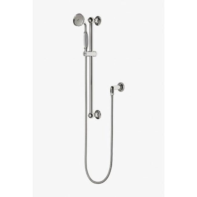 Waterworks Easton Classic Handshower on Bar with White Porcelain Handle in Unlacquered Brass, 1.75gpm