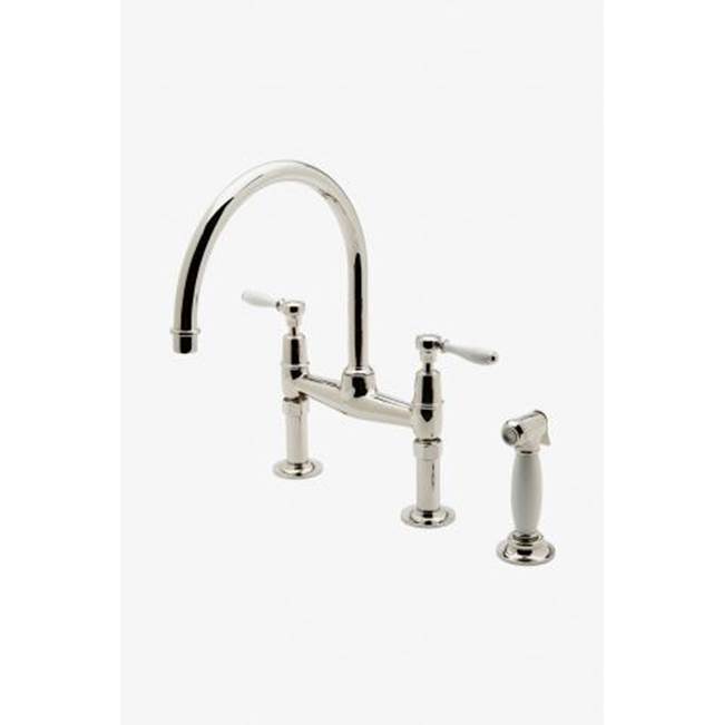 Waterworks Easton Classic Two Hole Bridge Gooseneck Kitchen Faucet, White Porcelain Lever Handles and Spray in Gold, 2.2gpm