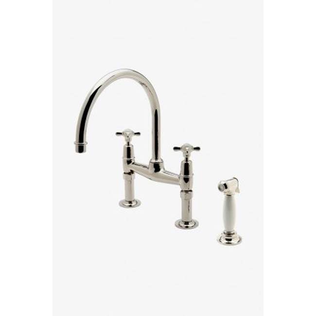 Waterworks Easton Classic Two Hole Bridge Kitchen Faucet, Metal Cross Handles and White Porcelain Spray in Copper