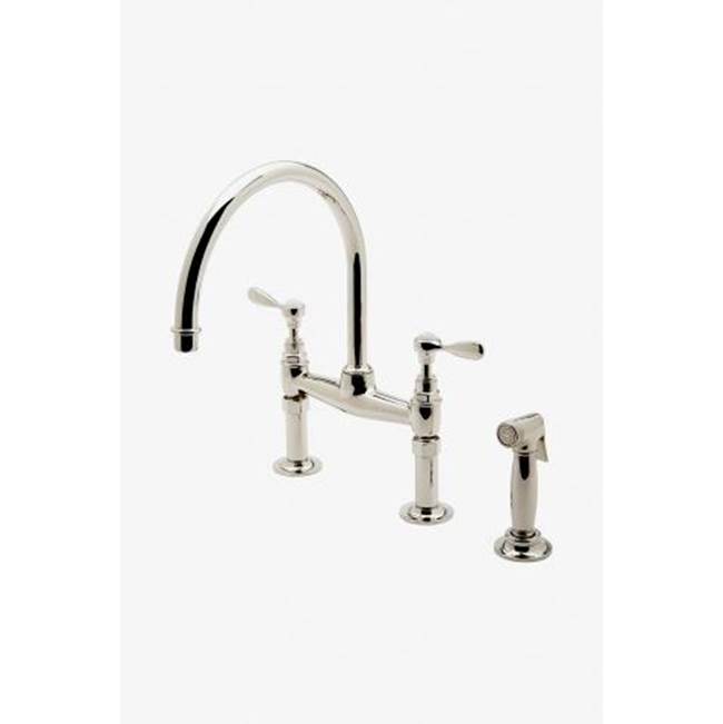 Waterworks Easton Vintage Two Hole Bridge Gooseneck Kitchen Faucet, Metal Lever Handles and Spray in Matte Gold, 1.75gpm