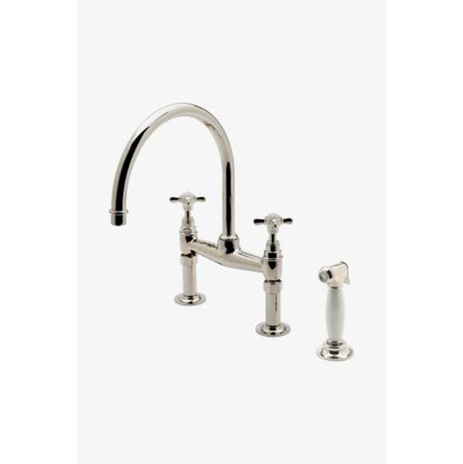 Waterworks Easton Vintage Two Hole Bridge Gooseneck Kitchen Faucet, Metal Cross Handles and White Porcelain Spray in Burnished Nickel, 1.75gpm