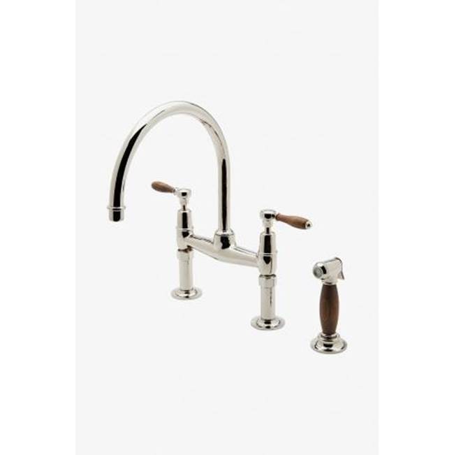 Waterworks Easton Classic Two Hole Bridge Gooseneck Kitchen Faucet, Oak Lever Handles and Spray in Burnished Brass, 1.75gpm