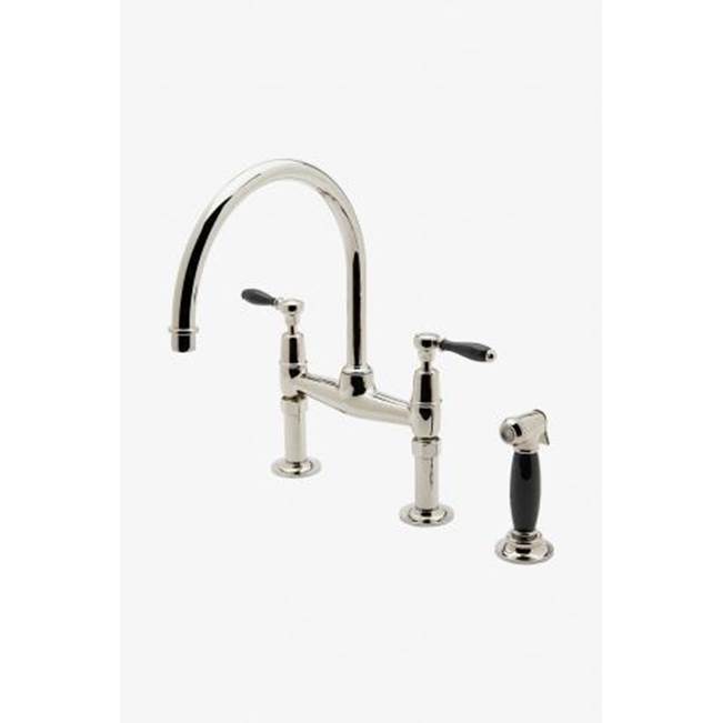 Waterworks Easton Classic Two Hole Bridge Gooseneck Kitchen Faucet, Black Porcelain Lever Handles and Spray in Nickel