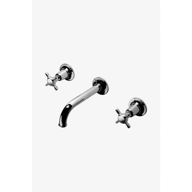 Waterworks Easton Classic Low Profile Three Hole Wall Mounted Lavatory Faucet with Elongated Spout and Metal Cross Handles in Burnished Brass, 1.2gpm (4.5L/min)