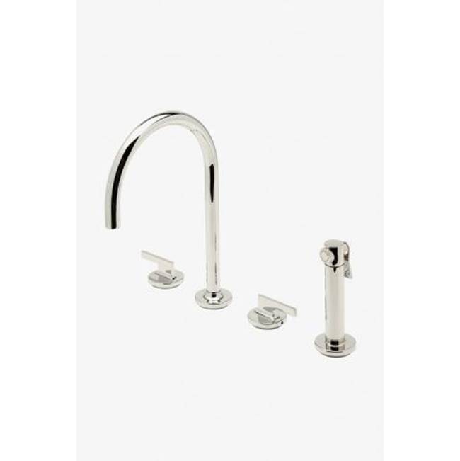 Waterworks COMMERCIAL ONLY Formwork Three Hole Gooseneck Kitchen Faucet with Metal Lever Handles and Spray in Antique Brass