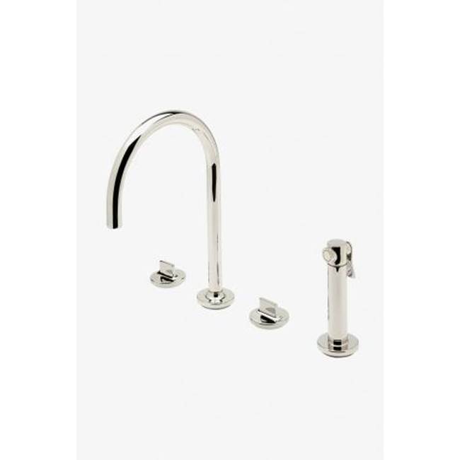 Waterworks Formwork Three Hole Gooseneck Kitchen Faucet with Metal Knob Handles and Spray in Matte Nickel, 1.75gpm