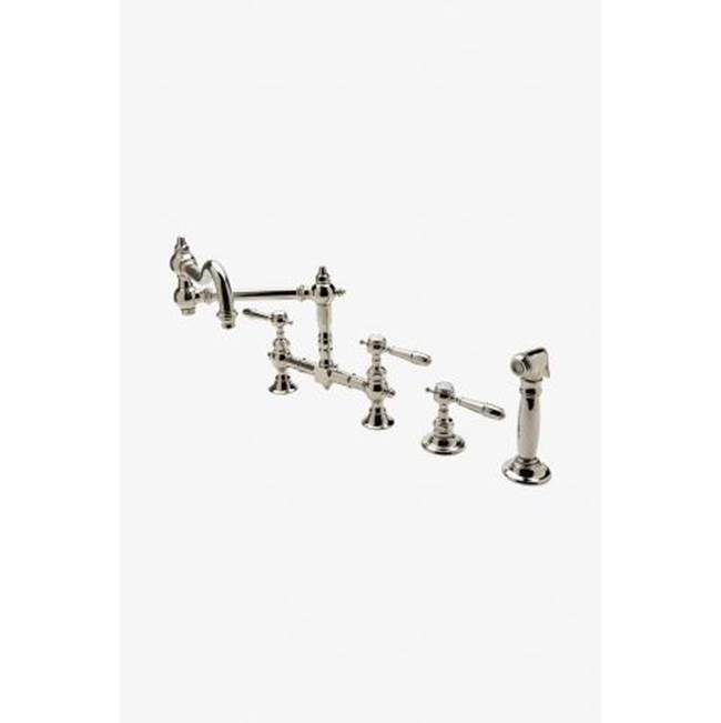 Waterworks Julia Two Hole Bridge Articulated Kitchen Faucet, Metal Lever Handles and Spray in Matte Gold