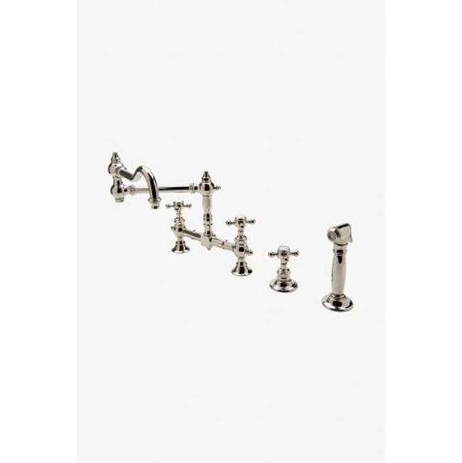 Waterworks Julia Two Hole Bridge Articulated Kitchen Faucet, Metal Cross Handles and Spray in Matte Gold