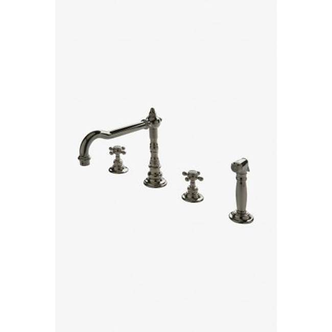 Waterworks Julia Three Hole High Profile Kitchen Faucet, Metal Cross Handles and Spray in Nickel