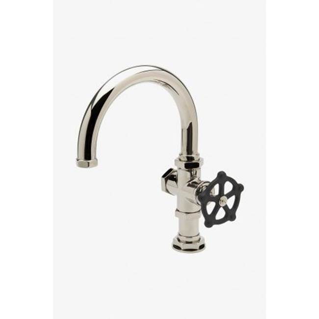Waterworks DISCONTINUED  Regulator Gooseneck One Hole Lavatory Faucet with Black Wheel Handle in Sovereign, 1.2gpm