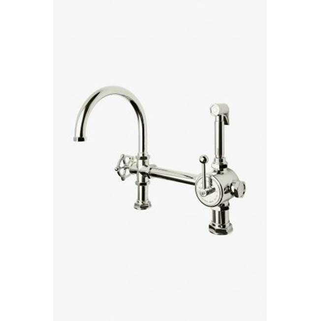 Waterworks Regulator Gooseneck Single Spout Kitchen Faucet with Metal Wheel Handle and Spray in Gold, 2.2gpm