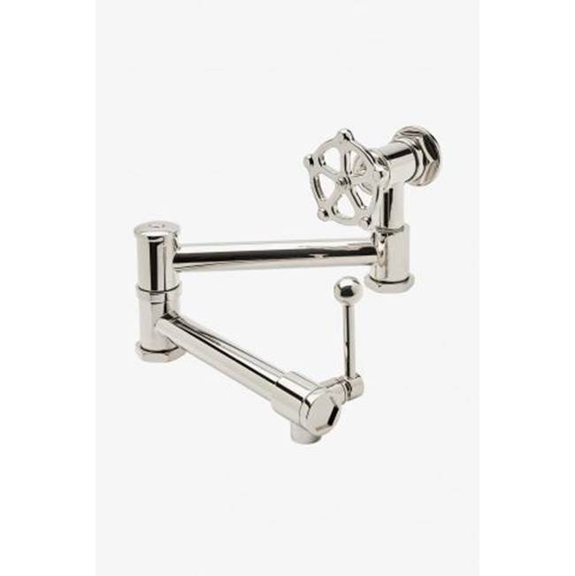 Waterworks Regulator Wall Mounted Articulated Pot Filler with Metal Wheel and Lever Handle in Gold