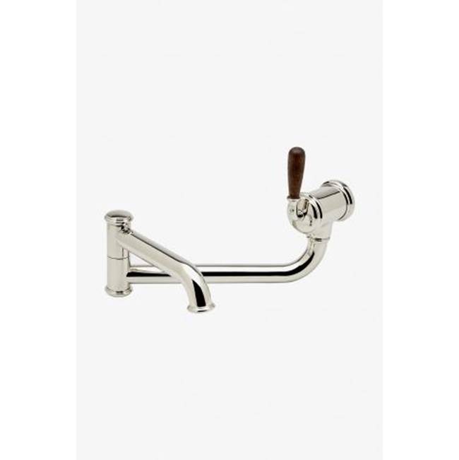 Waterworks Canteen Wall Mounted Articulated Pot Filler with Oak Lever Handle in Matte Nickel/Brass