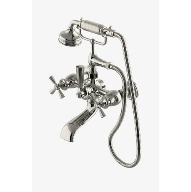 Waterworks Foro Wall Mounted Exposed Tub Filler with Metal Handshower and Cross Handles in Vintage Brass, 1.75gpm (6.6L/min)