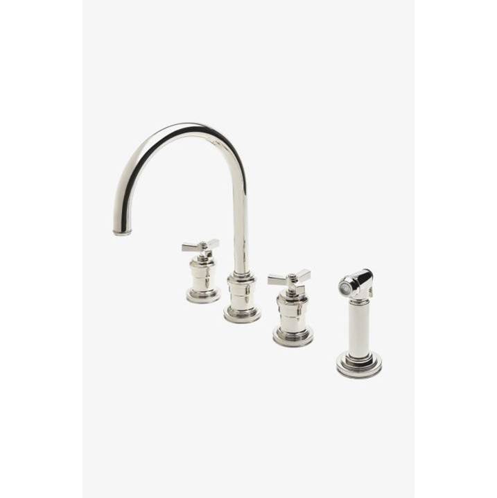 Waterworks Aero Three Hole Gooseneck Kitchen Faucet with Elevated Metal Cross Handles and Spray in Vintage Brass, 1.75gpm (6.6L/min)