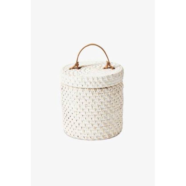 Waterworks Palm Extra Small Basket with Lid and Leather Handle in White Wash