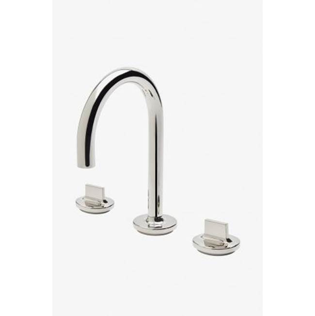 Waterworks Formwork Gooseneck Three Hole Deck Mounted Lavatory Faucet with Metal Knob Handles in Vintage Brass, 1.2gpm