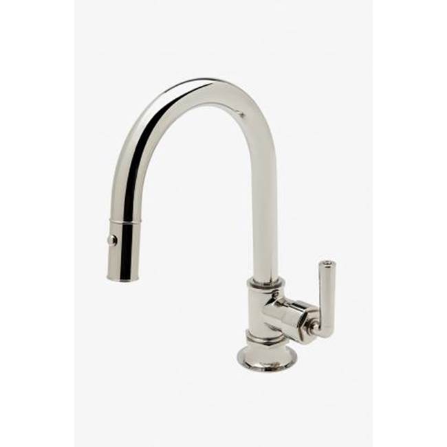 Waterworks COMMERCIAL ONLY Henry Mid-Size One Hole Gooseneck Integrated Pull Spray Kitchen Faucet with Lever Handle in Nickel