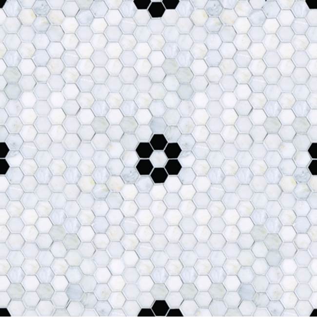Waterworks Parramore 3cm Hexagon with Flower Mosaic in Calacatta Radiance/Nero Honed/Polished