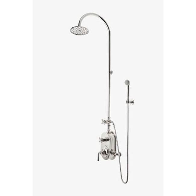 Waterworks Henry Exposed Thermostatic Shower System with 8'' Shower Head, Handshower, Metal Cross Diverter Handle, Metal Lever and Cross Handle in Dark Brass, 1.75gpm