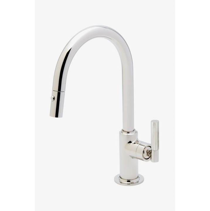 Waterworks COMMERCIAL ONLY Bond Tandem Series One Hole Gooseneck Integrated Pull Spray Kitchen Faucet with Guilloche Lines Lever Handle in Nickel, 1.75 gpm (6.6L/min)