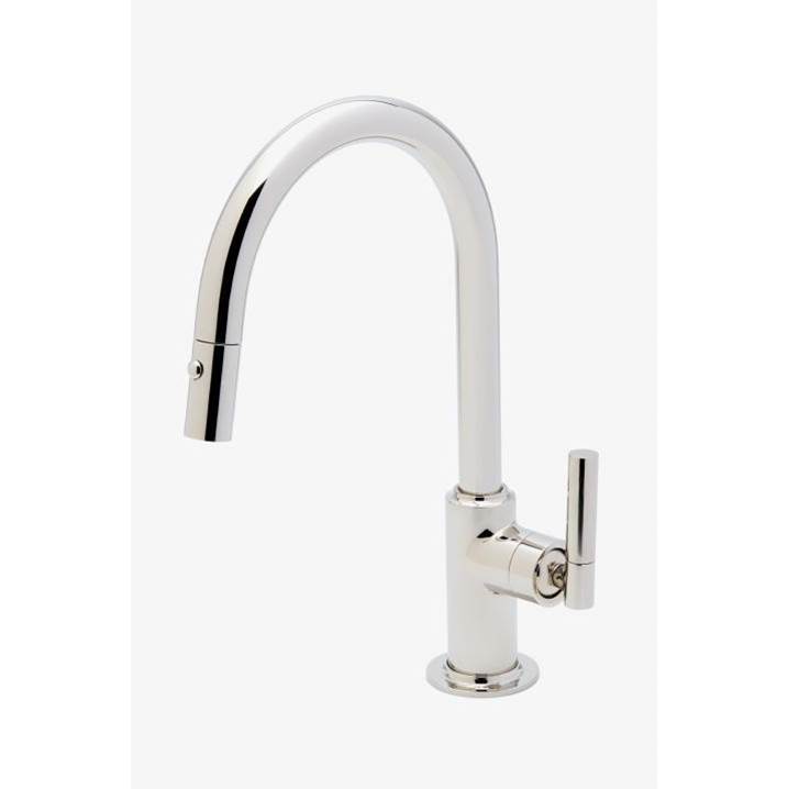 Waterworks COMMERCIAL ONLY Bond Solo Series One Hole Gooseneck Integrated Pull Spray Kitchen Faucet with Two-Piece Straight Lever Handle in Nickel