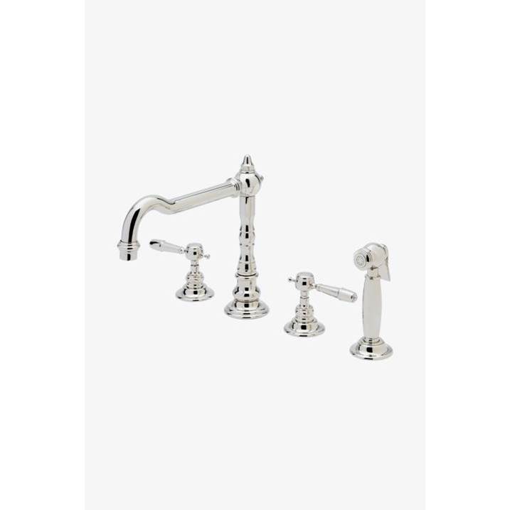 Waterworks Julia Three Hole High Profile Kitchen Faucet, Metal Lever Handles and Spray in Gold, 1.75gpm